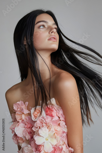 jeune femme brune au cheveux long et lisse portant une robe en fleurs