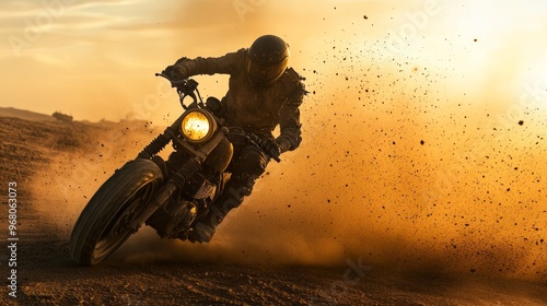 Motorcycle Rider in Desert Sunset - Speed and Adventure