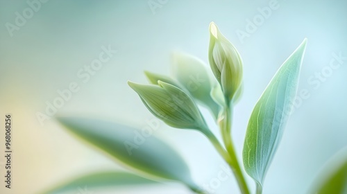 A close-up of fresh leaves unfurling, showcasing vibrant green hues against a soft pastel background, representing growth and renewal