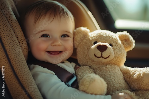 Adorable baby smiling and sitting in car seat with teddy bear