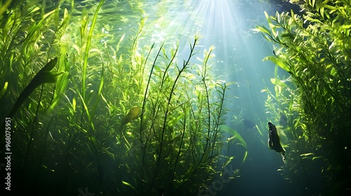 A serene underwater scene featuring lush green aquatic plants swaying gently with the current, illuminated by soft sunlight filtering through the water