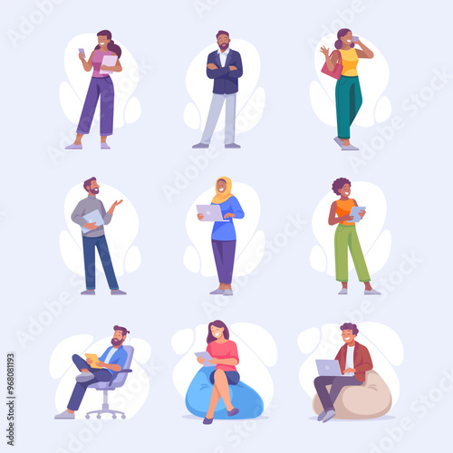 Man and Woman Entrepreneur Character Standing and Use Gadget Vector Set