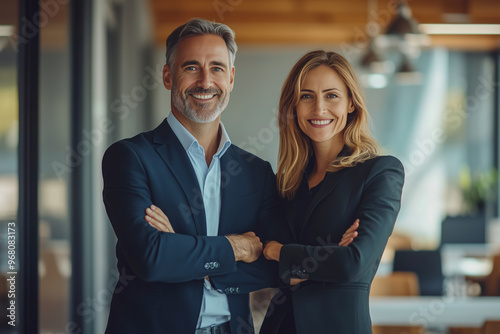 Two happy executives business man and woman partners in office. smiling company managers