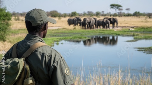 Ranger observes elephants drinking at a waterhole in the African savanna during midday