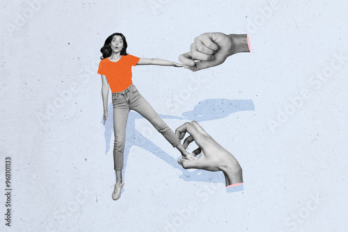 Composite artwork collage image picture of big arms pull impressed mini girl isolated on creative background