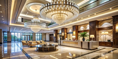 Grand Hotel Lobby with Crystal Chandelier and Marble Floor, luxury interior, hotel lobby, hospitality design