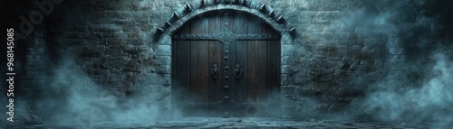 An old, wooden door set in a medieval stone wall, surrounded by eerie fog perfect for fantasy or horror themes, atmospheric storytelling, and historical contexts,