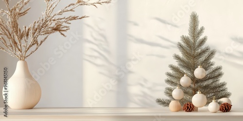 Petit sapin avec boules de noël et pommes de pin sur table minimaliste