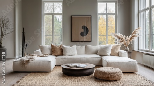 modern swedish living room with sleek furnishings and a warm vibe, perfect for a lifestyle concept ad focusing on contemporary living