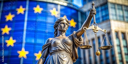 Lady Justice and the EU Flag, Bronze Statue, Scale of Justice, European Union, Law, Justice