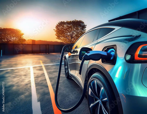 A close-up of an electric vehicle?s charging station, with the charging cable connected and