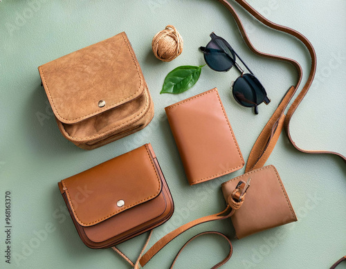 A flat lay of eco-conscious accessories such as vegan leather wallets, cork-based handbags,