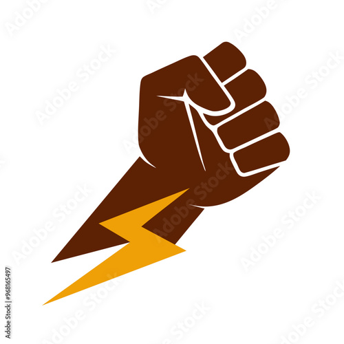 Protest fist with lightning. People protesting for human rights, equality anti-discrimination movement. Clenched fist raised up. Gym logo. Vector illustration.