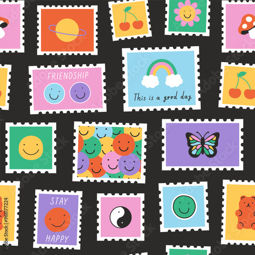 Fun cartoon post card stamp sticker seamless pattern. Trendy doodle icon background with flower, happy face and butterfly. Colorful vintage groovy art label wallpaper, retro 90s emoticon print. 