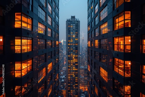 Buildings are lit up at night in a city with tall buildings, luxury apartment building