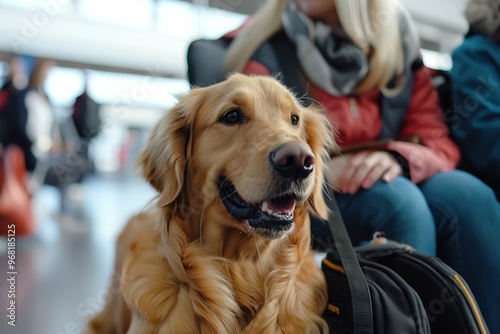 A friendly golden retriever waits patiently next to a traveler in a bustling airport terminal