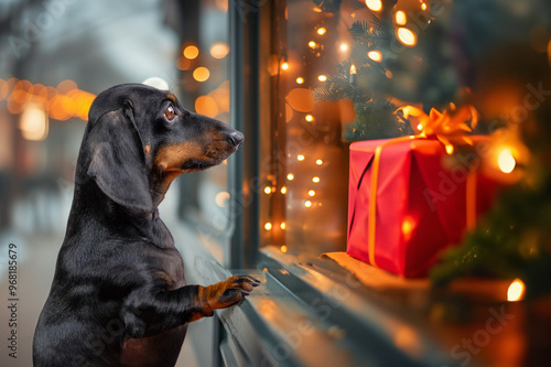 Dachshund dog looks fascinated at decorated box of store with desired gift Pathetic homeless puppy dreams of holiday box and a family New Year's dinner, looks sad out the window Wish List make a wish