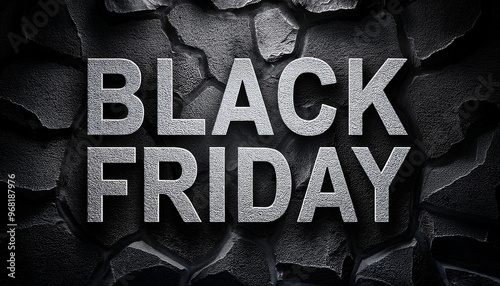 Stone text 'BLACK FRIDAY' on dark cracked wall background. Shopping and sale concept.