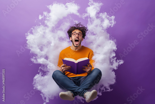 An excited person immersed in a whimsical cloud of inspiration while reading a book against a vibrant purple backdrop