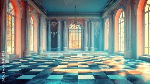 Grand Hall with Checkerboard Floor and Windows