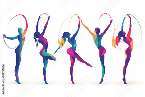 Dynamic display of rhythmic gymnasts showcasing colorful movements with hoops in a vibrant, artistic arrangement