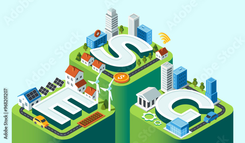 ESG concept. System for prioritizing environmental, social and corporate governance issues. Sustainable Investing green business and innovation. Ecological production. Isometric 3D vector illustration