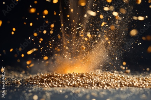 A striking image capturing the dynamic explosion of golden particles, creating a dramatic and visually stunning scene, evoking feelings of wonder, energy, and celebration.