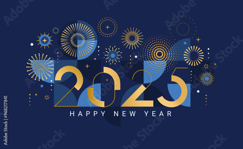 Celebrating 2025 New Year.Elegant card for event with abstract golden fireworks and golden numbers on blue background with geometric pattern.Template for poster,flyer,web.Vector illustration