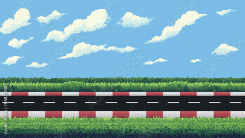 pixel art racing game level background, pixel retro design, 8 bit image, 2d racing track, grass and blue sky, race arcade vector illustration