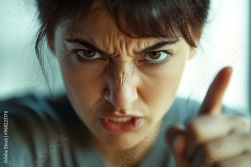 A woman displaying a serious and focused stare, pointing her finger directly at the viewer, capturing a moment of anger and emphasis in an intense close-up image.