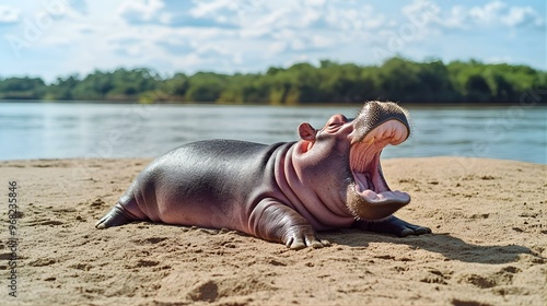 Yawning Baby Hippopotamus on Sandy Riverbank.