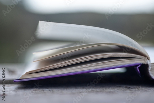 Open book with pages flipping in the wind. Reading on the lake wooden dock on autumn day. Learning enjoying tranquility of nature. Peaceful outdoor environment. Selective focus. Blurred background.