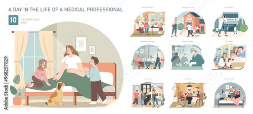 A day in the life of a medical professional. Flat Vector Illustration