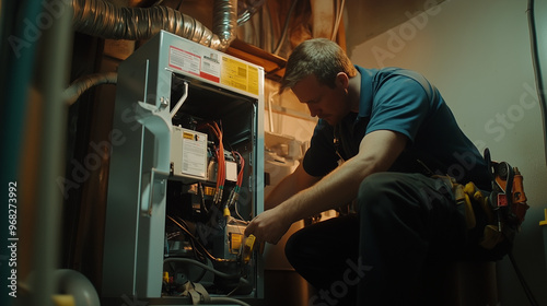 Heating Technician Inspecting Furnace in a Home