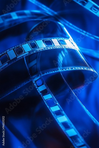 Close up of 35mm film reel against a blue background. Concept for movie, cinema, and film production