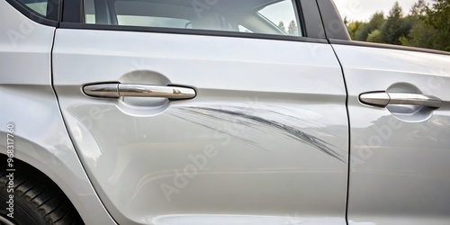 Deep scratch and dent on the door of a white car parked in a lot. Generative AI