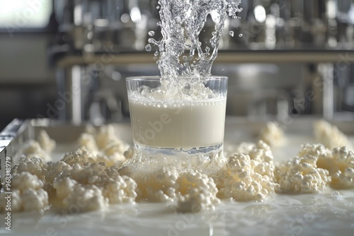 Milk Splashing into a Glass Surrounded by Cottage Cheese