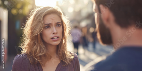 Young woman having serious conversation with boyfriend outdoors