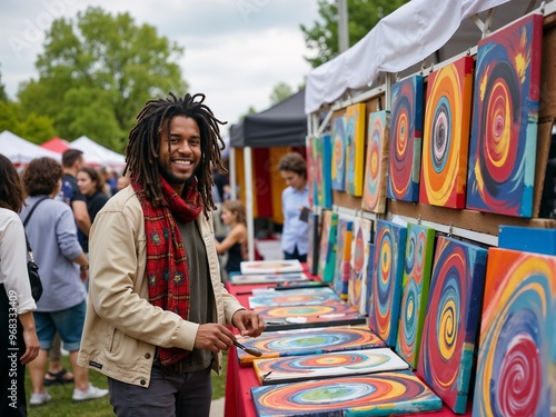 An artist with dreadlocks proudly displays his vibrant, abstract paintings at an outdoor market, engaging with potential buyers and sharing his passion for art and creativity.