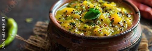 Green Mango Curry Chutney, a classic Bengali dish, features a tantalizing blend of sweet and tangy flavors from fresh green mangoes.