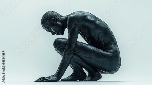 Full body shot of a grieving individual, their posture slumped and face etched with sorrow, isolated on a white background