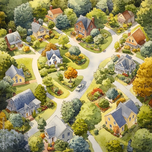 An aerial perspective of everyday life in a utopian village, showcasing simple yet elegant homes, vibrant gardens, and winding streets, watercolor style, peaceful and inviting