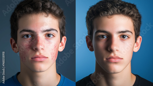 Teenage boy experiencing problems with acne before and after treatment