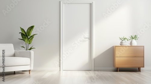 A white door is open in a room with a couch and a plant