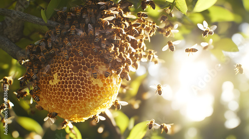 Vibrant Image of a Swarm of Bees Buzzing Around a Hive Hanging from a Tree Branch with Sunlight Filtering Through