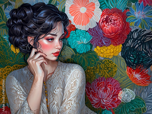 woman sitting in front of very colorful floral wallpaper