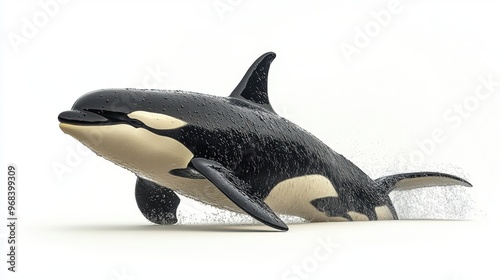 A powerful orca swimming, with its dorsal fin cutting through the water, isolated on a white background.