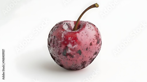 26. **A 3D render of a spoiled cherry, with dark spots and wrinkled skin, isolated on a clean white surface