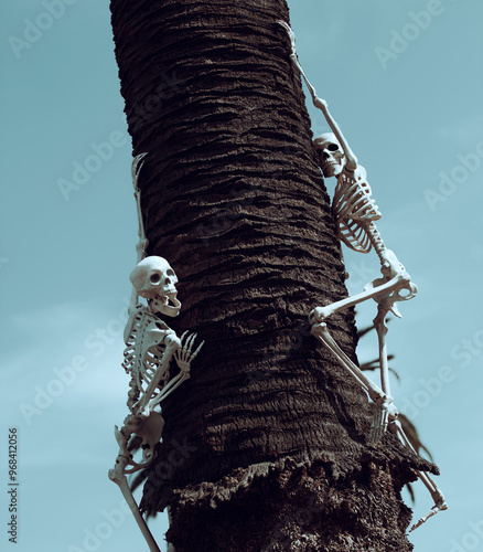 Halloween skeleton on palm tree. Skeleton for Halloween decorations in Florida or California. Trick or treat. Skeletons background. Trick or treat. Halloween background. Holiday of Halloween.