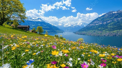 Wildflowers Blooming in Alpine Meadow with Mountain Lake and Snow capped Peaks